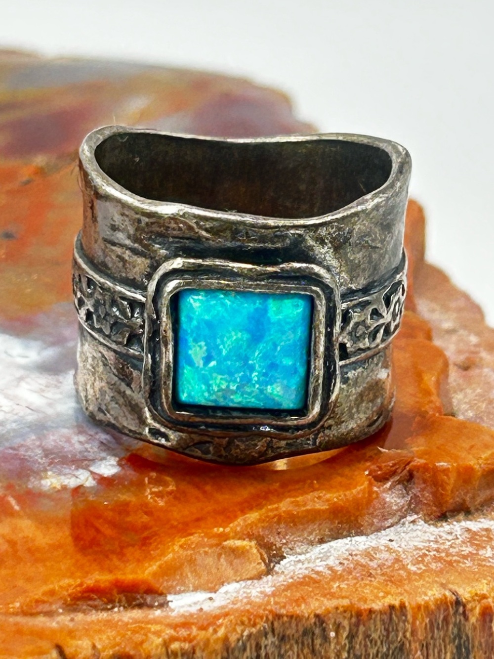 Handcrafted Sterling Silver Opal Ring, tarnished finish - Size 7.5